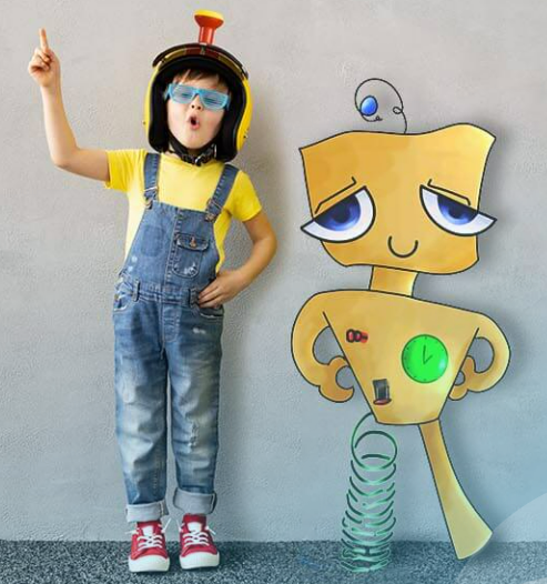 Image of a young boy pretending to a robot and a hand drawn robot by Lucah Liebenberg