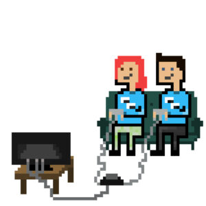 matt and jess as pixel art characters sitting on couch playing video games on tv